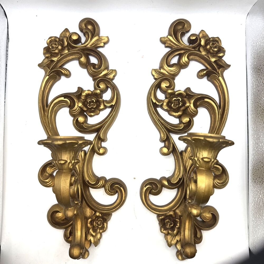 2 - 1971 HOMCO 4118 Gold Floral Wall Sconce Candle Holders Hollywood Regency 15"